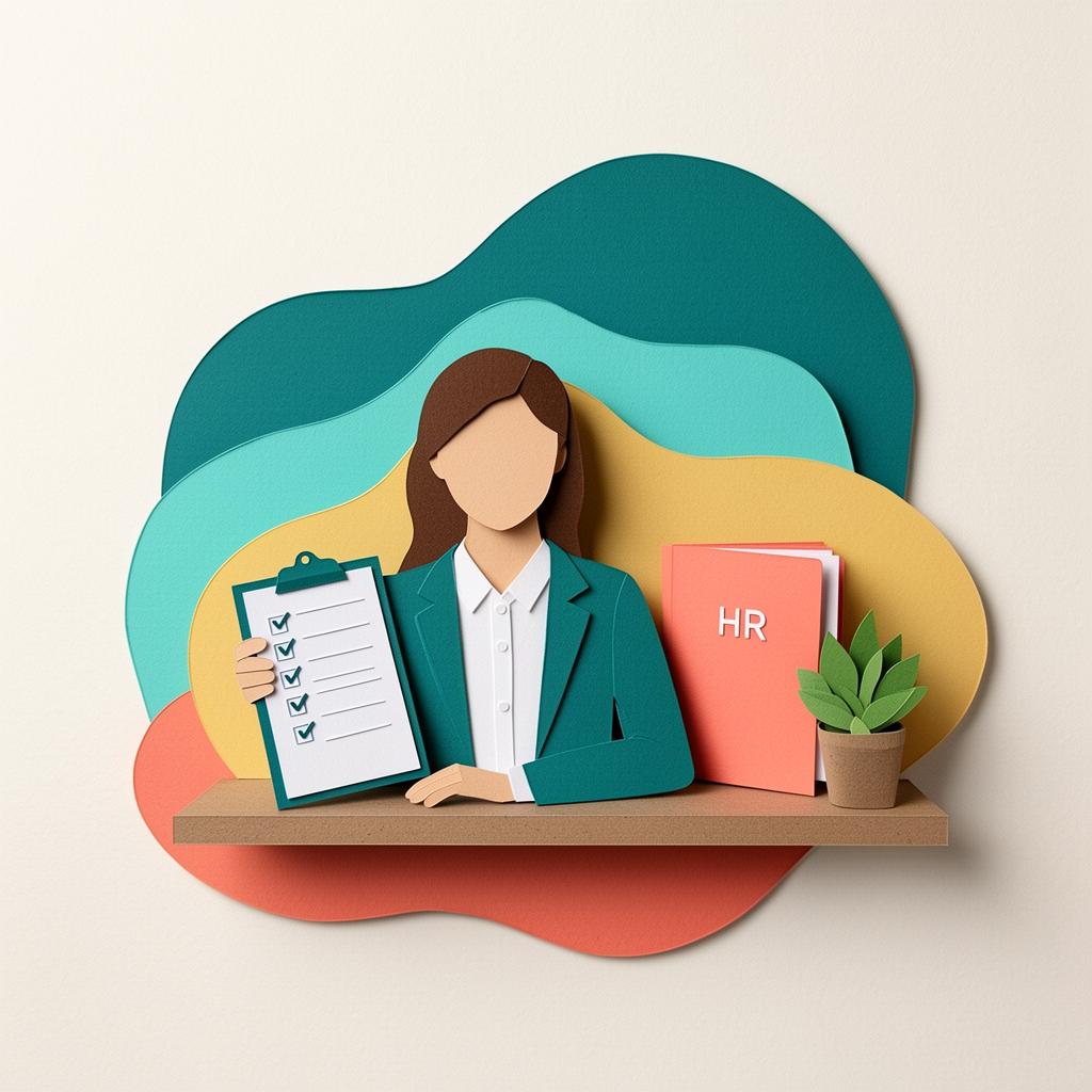 Paper-cut illustration of an HR consultant holding a checklist beside a coral HR folder